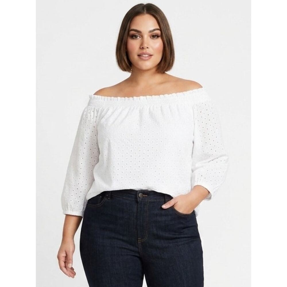 MICHAEL MICHAEL KORS Top Womens Plus 1X White Eyelet 3/4 Sleeve Smocked Neck Top